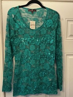 Almost Famous Sequin and Lace Jade Green long sleeve shirt size XL